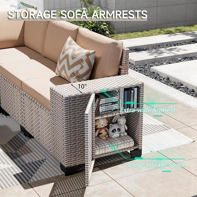 13-Piece Outdoor Patio Furniture Set with Fire Pit, Modular Sectional Sofa Set with Glass Coffee Table and Cushions, Wicker Outdoor Couch Conversation Sets, Khaki