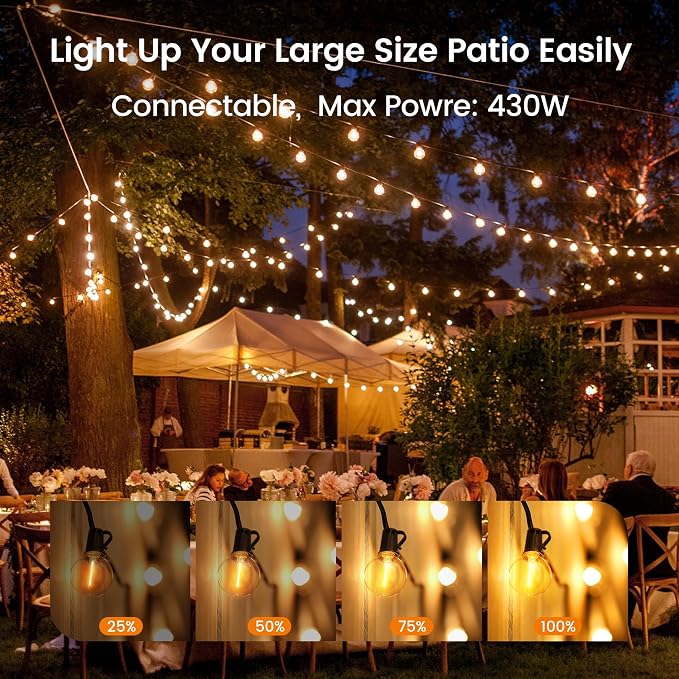 OHLUX Outdoor String Lights,110FT Dimmable Patio Lights with 58 Shatterproof 2200K LED G40 Bulbs(2 Spare),Waterproof Hanging Lights String for Outside Backyard Cafe Porch Deck Porch
