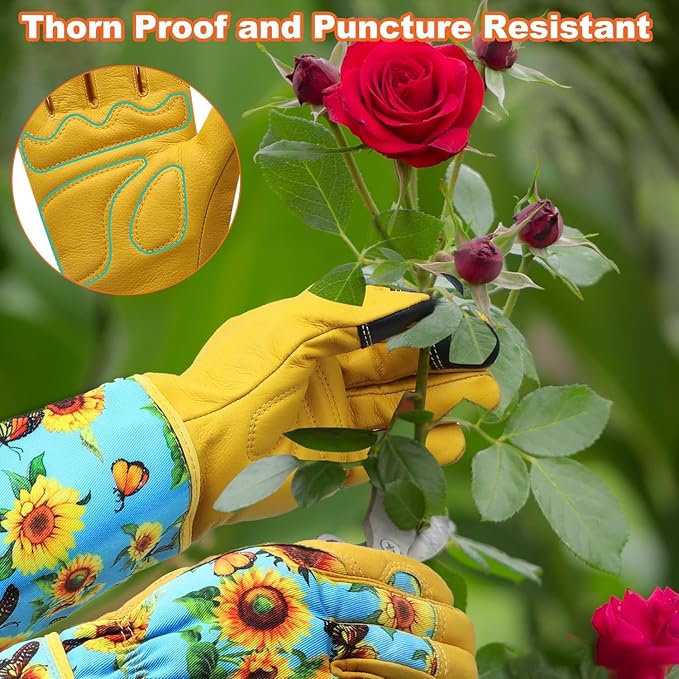 DLY Garden Gloves for Women,Gardening Gloves,Gardening Gift for Lady,Blue,S | Thornproof Cowhide Palm, Foam-Padded Grip, Long Sunflower Print Cuff, 3-Finger Touchscreen, Rose Pruning, Weeding & Yard Work