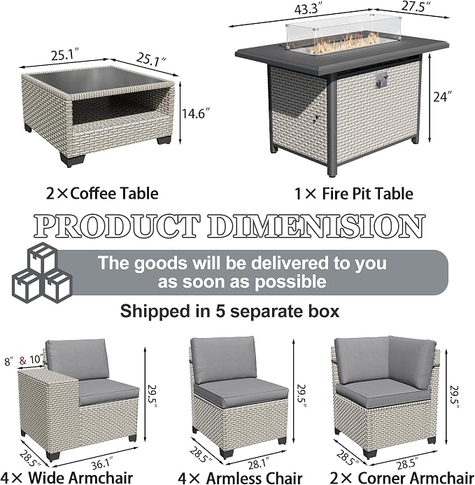 13-Piece Outdoor Patio Furniture Set with Fire Pit, Modular Sectional Sofa Set with Glass Coffee Table and Cushions, Wicker Outdoor Couch Conversation Sets, Gray