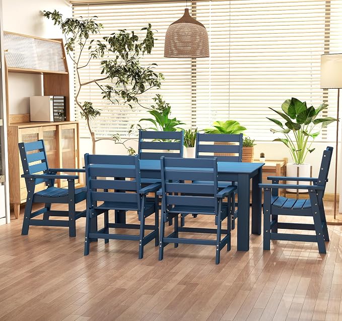 BRIOPAWS Outdoor Dining Table | HDPE | 67” Patio Rectangle Tables | All Weather | Umbrella Hole | Patio Furniture Set for 4-6 Person | Blue