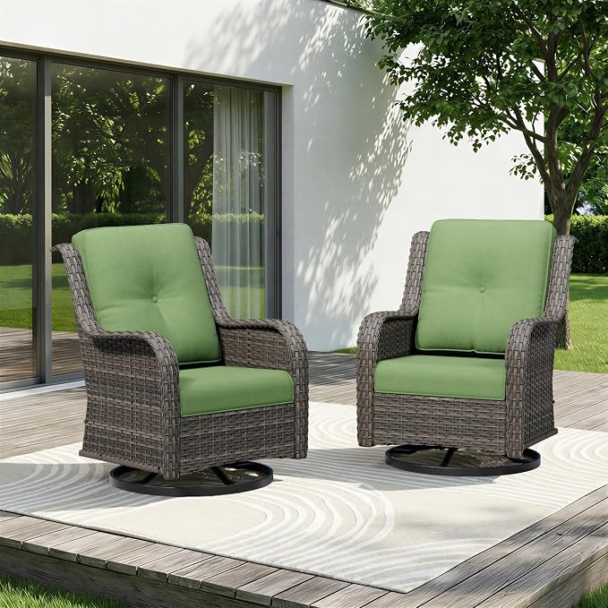 Swivel Rocker Patio Chairs Set of 2 - Outdoor Wicker Patio Furniture Set 2 Pieces with Thickened Olefin Cushions, High Back and Deep Seating, Hand-Woven PE Rattan for Porch, Deck, Green