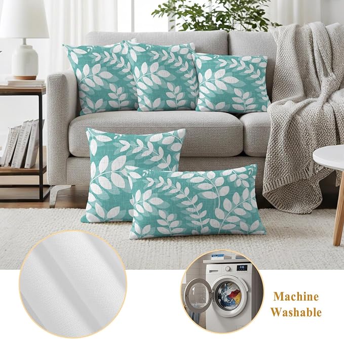 Teal Green Leaves Outdoor Waterproof Throw Pillow Covers 20x20 Set of 2, Farmhouse Botanical Branch Vintage Boho Leaf Decorative Pillowcases Cushion Pillowcase for Couch Sofa Patio Pillow Protector