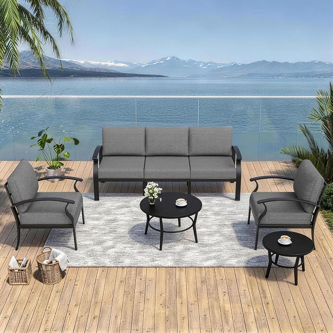 Kurapika Aluminum Patio Furniture Set 5-Seat Modern Metal Outdoor Conversation Sets w/5.1 Inch Cushion Patio Sectional Sofa with 2 Round Coffee Tables, Grey