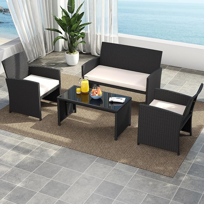 Tangkula 4 Pieces Patio Wicker Furniture Set, Outdoor Heavy Duty Rattan Cushioned Chairs, Loveseat and Tempered Glass Coffee Table, for Backyard, Balcony, Poolside (1, Off White)