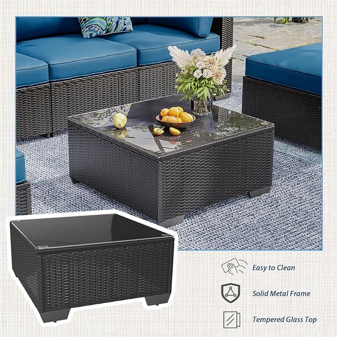 AECOJOY 7 Piece Outdoor Patio Furniture Set, Outdoor Sectional Conversation Furniture Chair with Coffee Table, Patio Sectional for Backyard, Garden(Peacock Blue Cushion and Black Rattan)