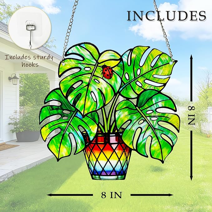 Plant Suncatcher Glass, Stained Glass Suncatcher Plant Window Hanging, Unique Nature Lover Gifts Leaf (Monstera)