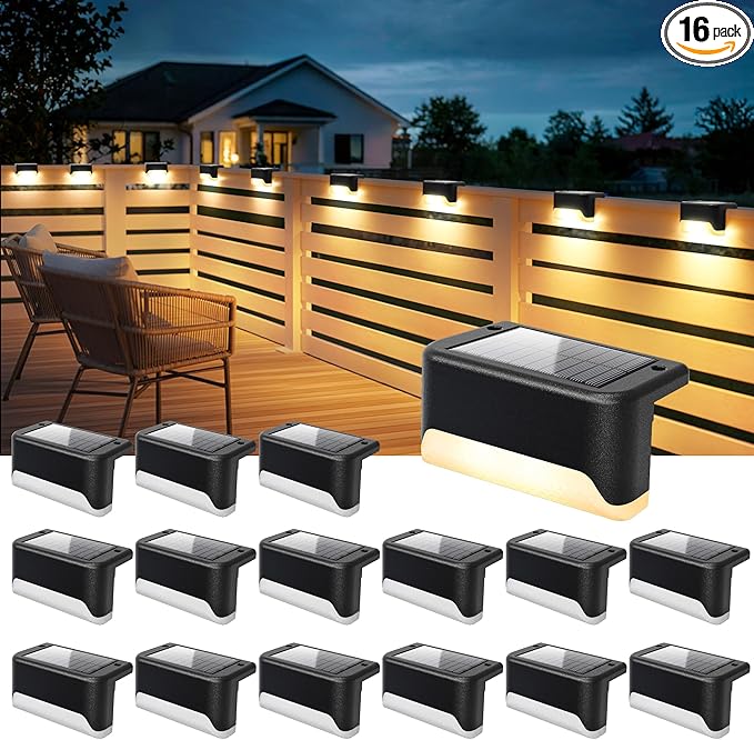 SOLPEX Solar Deck Lights Outdoor, Solar Fence Lights Waterproof LED Step Light for Outside, Patio, Stair, Garden, Yard, Railing, Front Porch, Balcony Decor(16 Pack Warm White)