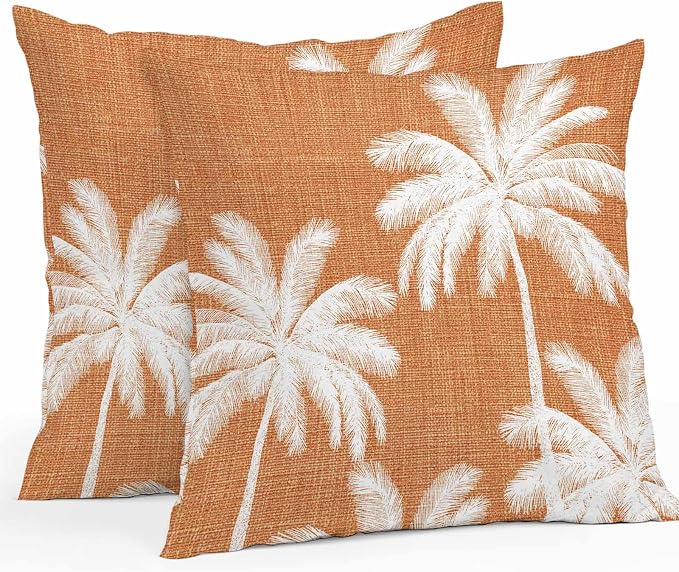 Outdoor Pillow Covers 16x16 Inch Set of 2, Burnt Orange Palm Trees Waterproof Throw Pillow Covers, Farmhouse Tropical Summer Beach Decorative Cushion Pillowcases for Couch, Sofa, Bed, Garden, Patio