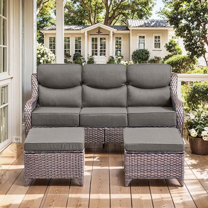 HUMMUH 8 Pieces Wicker Patio Furniture Set with Patio Swivel Chairs Set of 4,High Back Outdoor Sofa Coffee Table Ottomans,6 Inch Thick Cushions Outdoor Conversation Set for Porch, Balcony, Deck