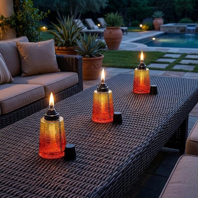 Seraphic Citronella Table Top Torches for Outdoor Patio, 16oz Decorative Glass Torch Citronella Candles for Outside Deck, Garden, Parties, Set of 3, Sunset Orange