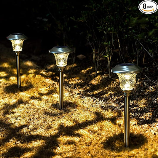 GIGALUMI Metal & Glass Solar Lights Outdoor, 8 Pack LED Garden Lights | Solar Pathway Lights Waterproof, Warm White Landscape Path Lights, Garden Decor for Yard, Patio, Walkway (Stainless Steel)