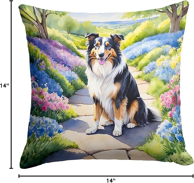 Caroline's Treasures Collie Spring Path Throw Pillow Machine Washable, Indoor Outdoor Decorative Pillow for Couch, Bed or Patio, 14Hx14W