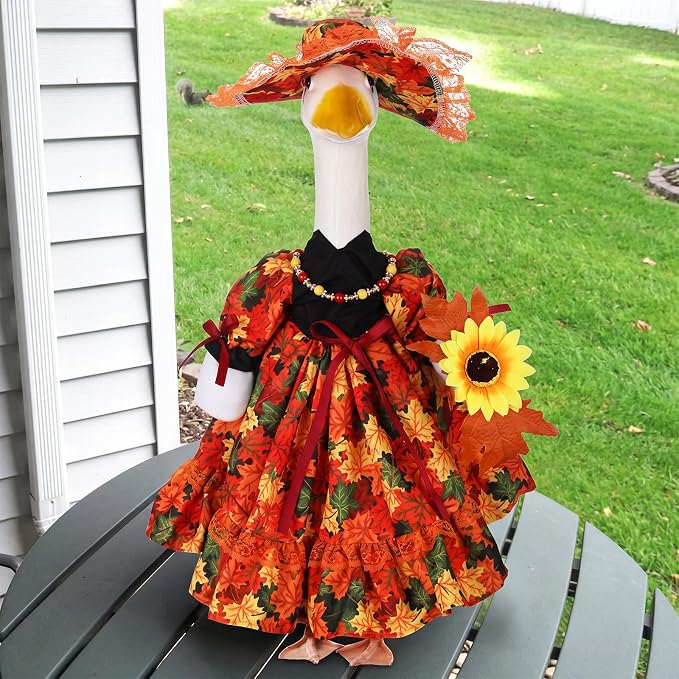 Suzile Fall Maple Porch Goose Outfit Goose Clothes for 23 Inch Cement or Plastic Geese Costume Dress for Yard Lawn Outdoor Garden Patio Duck Statue Autumn Thanksgiving Party Holiday Decor
