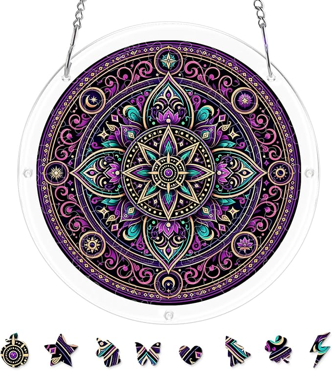 Acrylic Puzzle Suncatcher, Sun Catchers Puzzle for Window Hanging | 7.4 Inch Purple Mandala DIY Suncatcher Puzzle Gifts for Adults, Women, Men, Wife, Mom, Home & Garden Decor
