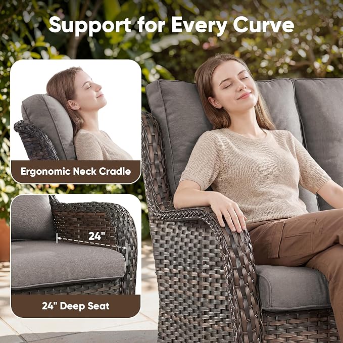 Belord Patio Sofa Luxury PE Wicker 3-Seater Outdoor Couch, Modern All-Weather High Back Deep Seat Woven Furniture Set for Porch, Deck, Balcony, Backyard - Brown/Grey