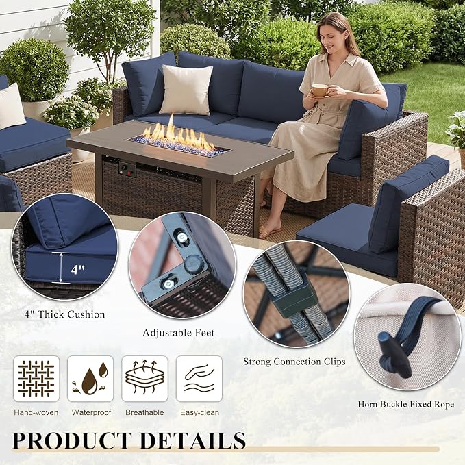 5 Pieces Patio Furniture Set with 44" Fire Pit Table, Rattan Outdoor Sectional Conversation Sets, All Weather Outdoor Furniture Set with Cushions for Garden Lawn Balcony Porch Deck Blue