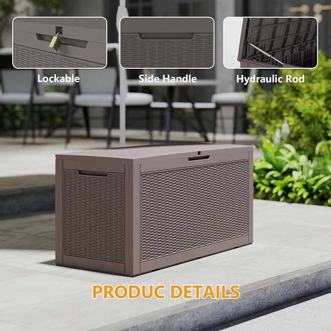 Outdoor Storage Box, 110 Gallon Waterproof Deck Box [Upgraded 3.0], Auto-Open Gas Struts Resin Organizer for Lounger Pillows, Secure Lockable Backyard Storage Bench, Poolside Deck, Grey
