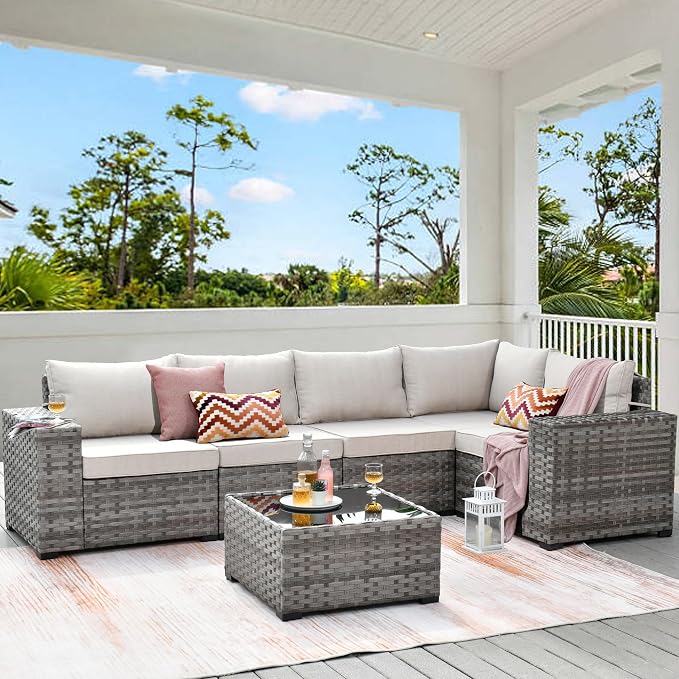 HOOOWOOO Modular Patio Outdoor Sectional Furniture Set,6 Pieces Wicker Conversation Sofa Set,Out Door Couch Set with Wide Arm for Outside All Weather(Beige)
