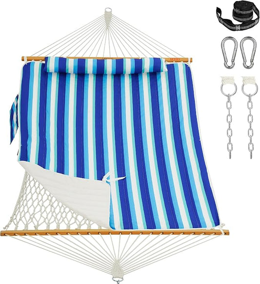 Lazy Daze Hammocks Rope Hammock with Pad, Spreader Bar, Carabiners, Tree Straps, Chains for Outside Patio- Max 450 Lbs, Ocean Stripes