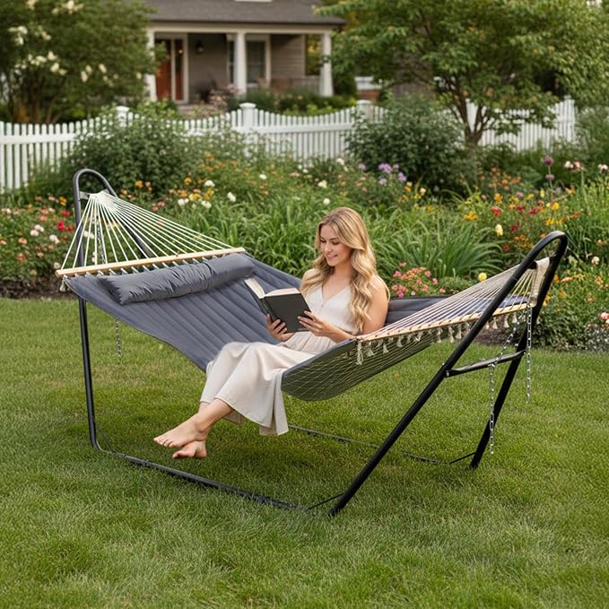 ONCLOUD Hammock with Stand, Double-Barrel Hammock with Hammock Bed, Heavy Duty Adjustable Hammock Set for Outdoors, Patio, Yard, Garden, 550 LBS (Gray)