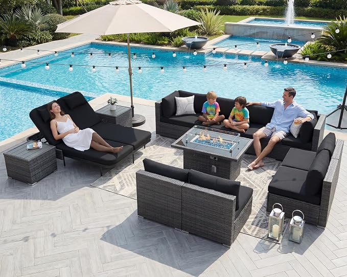 NICESOUL 13 Piece Outdoor Sectional w/Fire Pit Table, Luxury Modular Patio Furniture Set w/Chaise Lounge, Plus 29.3'' High-Back Seating Sofa, All-Weather Deck Couch for Poolside, Yard, Grey & Black