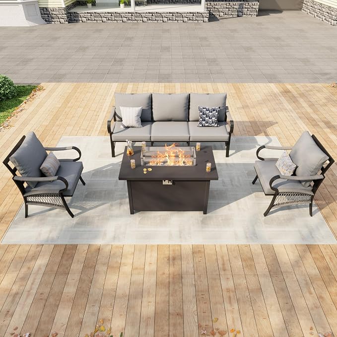 4 Pieces Patio Conversation Sets, All Weather Metal Outdoor Furniture Set 3-Seater 2 Single Chairs with Fire Pit Table for Backyard Garden Deck Porch Poolside, Gray