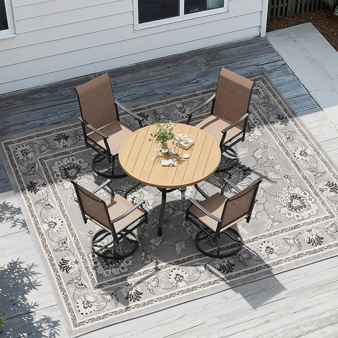 Soohow Patio Dining Set for 4, 5-Piece Round Outdoor Dining Set 4 x Swivel Patio Chairs and 41" Round Outdoor Dining Table with 1.57" Umbrella Hole, Wood-Like, for Poolside, Backyard