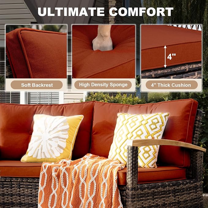 MEISSALIVVE 11-Piece Half-Moon Curved Outdoor Patio Furniture Set, Sectional Conversation Sofa with Wood Armrests, Coffee & Side Tables for Backyard Deck Garden, Red