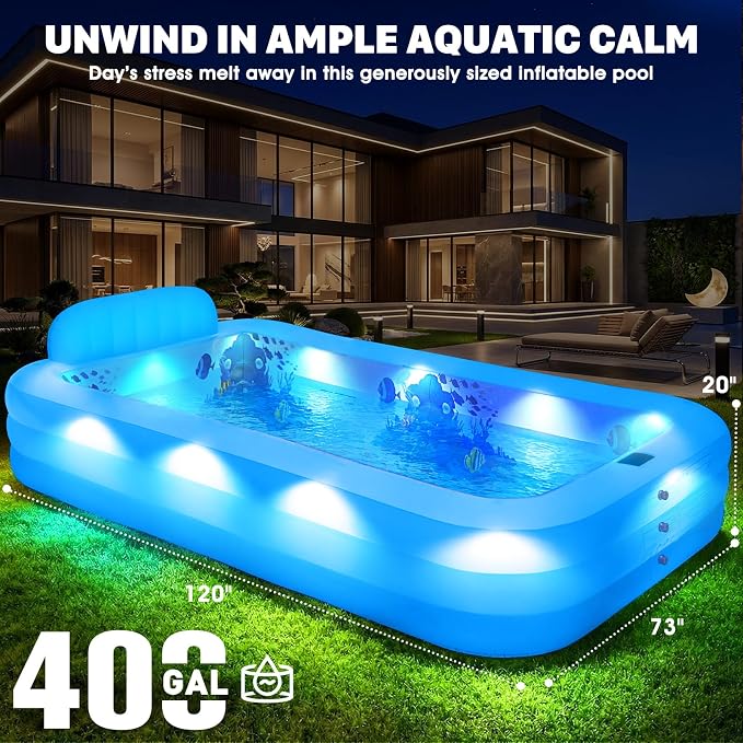 Extra Large Inflatable Pool With Lights,Upgraded Solar Powered Blow Up Pool For Adults,Inflatable Kids Swimming Pool with Seat& Backrest,Big Inflatable Kids Pool For Backyard,120x73x20IN-Green