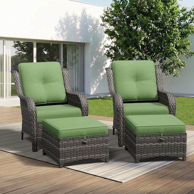 4 Piece Outdoor Wicker Patio Furniture Set, Patio Chairs Set with Thickened Olefin Cushions, High Back and Deep Seating, Hand-Woven PE Rattan, Ottoman for Porch, Deck, Green