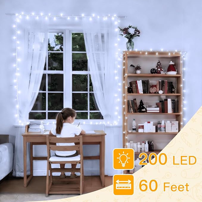 Ollny Christmas Lights 200LED 60FT Indoor, Cool White Connectable Plug in String Light Outdoor, 8 Modes Waterproof Timer LED Fairy Lights for House Outside Bedroom Patio Balcony