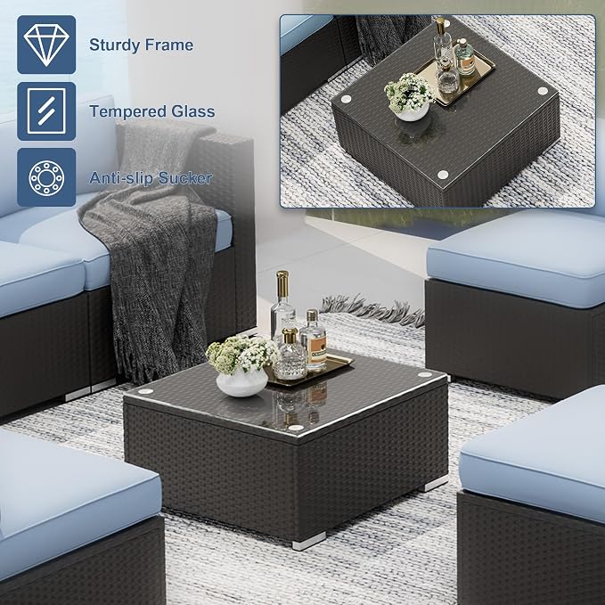 SUNCROWN 7-Piece Outdoor Patio Furniture Sofa Set All-Weather Black Wicker Sectional Conversation Set with Modern Glass Coffee Table and Cushions, Backyard, Garden, Poolside, Light Blue