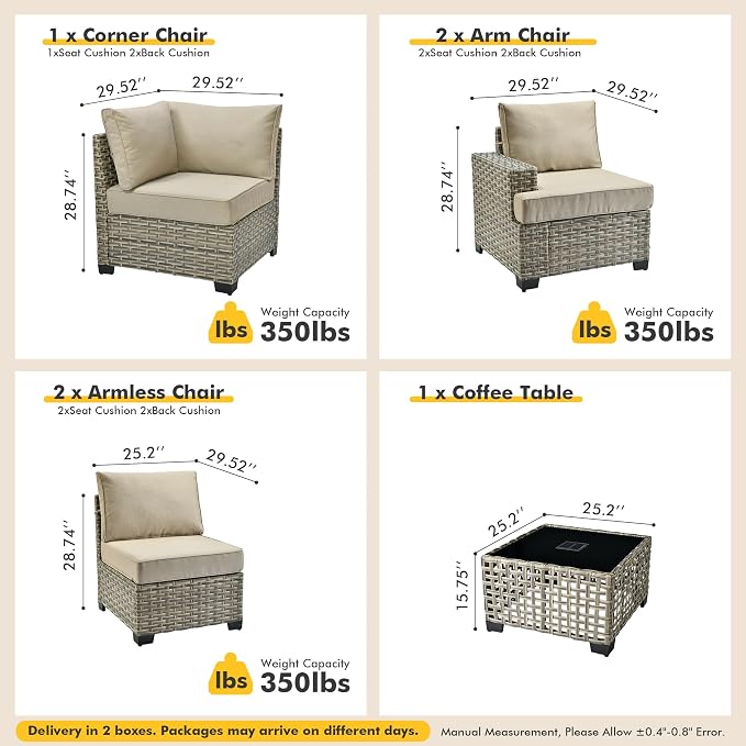 6 Pcs Outdoor Sectional Patio Furniture Set - All Weather Wicker Modular L Shaped Outside Sectional Sofa Couch,Patio Seating Outdoor Conversation Sets for Deck Yard Garden,Beige