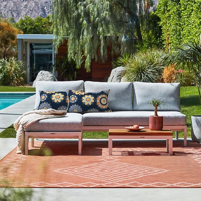 LVTXIII 2 Pack Outdoor Lumbar Pillows 12x20 Inch with White Piping, Fade Resistant Support Throw Pillows with Inserts for Patio Furniture, Sofa, Chair, Bloom Cobalt