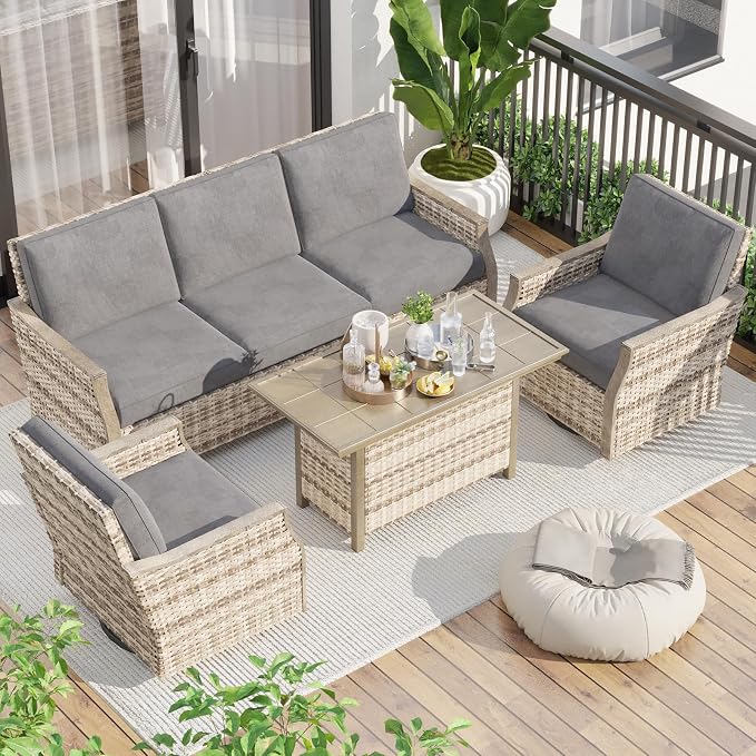MELLCOM 4 Pieces Outdoor Patio Furniture Set with Swivel Chairs, All Weather Rattan Wicker Patio Conversation Set with 3-Seater Sofa, Coffee Table for Patio, Balcony, Porch, Deck