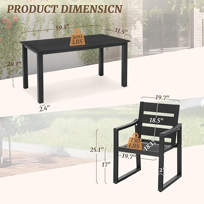 Cozyman Patio Table and Chairs Set, HDPS 5-Piece Outdoor Dining Set, Patio Furniture for Deck, Poolside, and Backyard, Black
