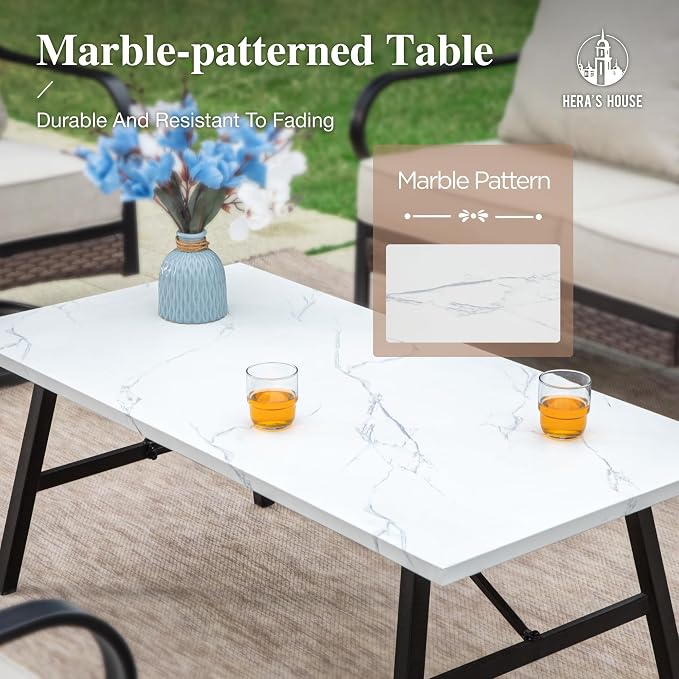 HERA'S HOUSE 4 Piece Metal Patio Furniture Set, All Weather Outdoor Conversation Set with 3 Seat Sofa, 2 Swivel Chairs & Coffee Table, Seats 5 for Backyard, Garden, Deck, Beige