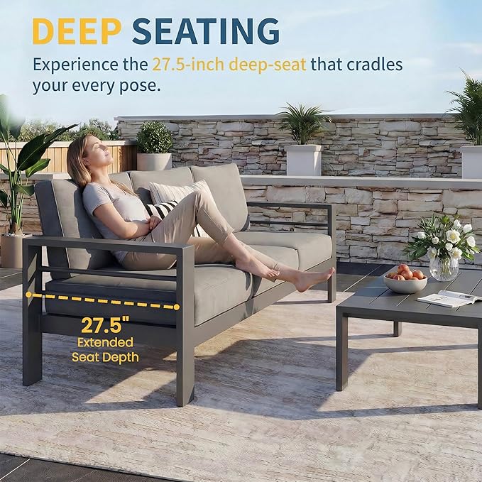 Solaste Aluminum Patio Furniture Set for All Weather, Oversized Metal Outdoor Furniture Set with 27.5" Deep Seating and 3.2" Wide Armrest, Outdoor Patio Conversation Sets with 10" Back Suport Cushion