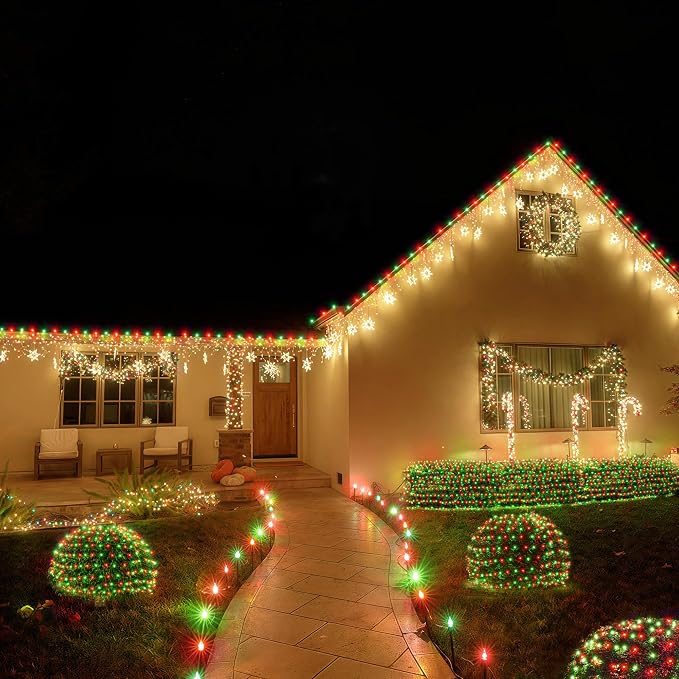 BlcTec Outdoor Christmas Lights 360 LED 9.8ft x 6.6ft Christmas Net Lights with 8 Modes, UL Certified, Timer, Connectable, Waterproof for Bushes, Shrubs, Yard Outdoor Xmas Decorations, Red Green
