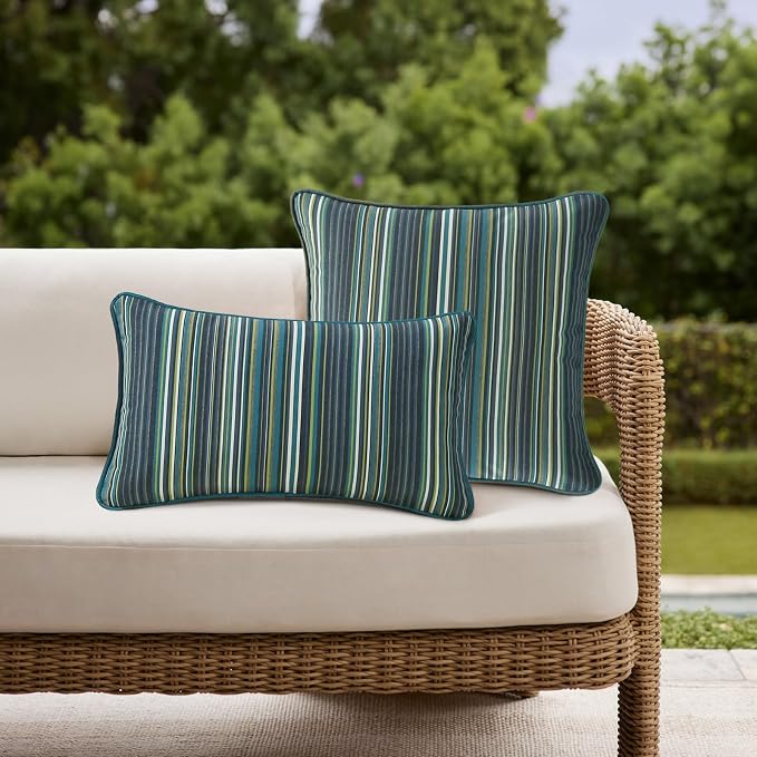 Unimatta Sunbrella Decorative Outdoor Water Repellent Throw Pillows with Inserts, Set of 4, 20" x12" Pillows for Patio, Backyard, Bed, Couch, and Patio Furniture, Beach Stripe Lagoon
