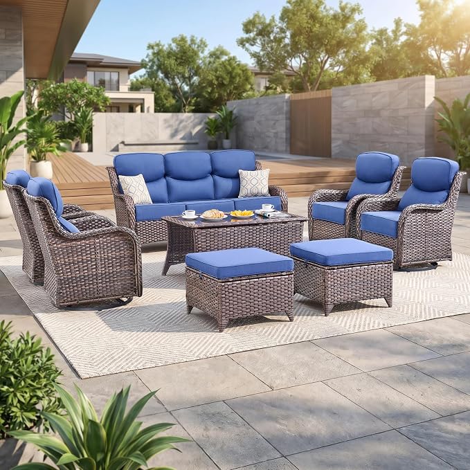 Luxury Swivel Rocker Chair Sofa Set with 6" Thick Cushions,8-Piece Wicker Patio Chair with Coffee Table and Ottoman,Outdoor Comfortable High Back Chair Patio Furniture Set - Brown | Blue