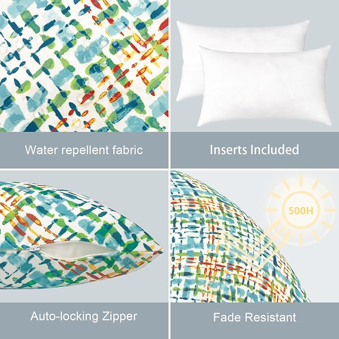 LVTXIII Outdoor/Indoor Lumbar Pillows, Decorative Patio Lumbar Cushions, Fluffy Water Repellent Garden Cushions for Home Patio Coach Sofa Use, 12×20 Inch, Pack of 2, Acapa Opal Geometric