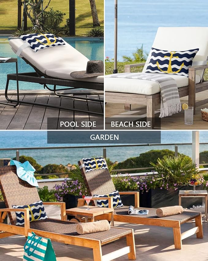 Outdoor Pillows Covers with Inserts Navy Blue Wave Stripes Yellow Nautical Anchor Waterproof Recliner Pillow with Adjustable Strap Throw Pillows for Patio Furniture Pool Lounge Chair, 12x20 inch, 2PCS