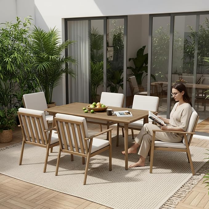 7 Pieces Patio Dining Set for 6, Never-Rust Aluminum Outdoor Table and Chairs Set with Cushions, Modern Patio Furniture with Umbrella Hole, 6 Pario Chairs & Table for Backyard Deck Pool, Teak
