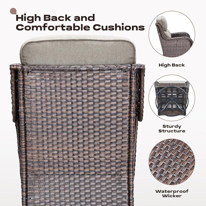 Rilyson Outdoor Patio Furniture Set - Weather Resistant Wicker,High Back,6 inch Cushions,3 Piece Patio Bistro Set with Swivel Rocker Chairs and Side Table for Deck Porch Yard,Brown/Beige