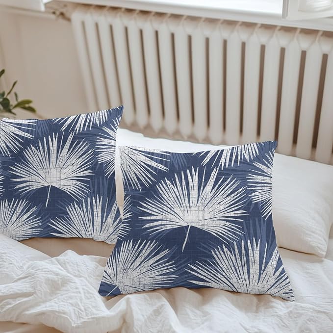 Throw Pillow Covers 24x24 Inch Set of 2, Navy Blue Palm Leaves Coastal Waterproof Outdoor Pillow Covers, Summer Tropical Botanical Decorative Cushion Pillowcases for Couch, Sofa, Bed, Garden, Patio