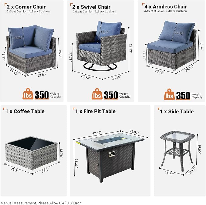 ovios 11 Piece Outdoor Patio Furniture Set with Fire Pit Table,Conversation Sectional Wicker Couch with Swivel Chairs,Modern Outside Sofa for Balcony Backyard, Navy Blue