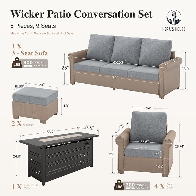 HERA'S HOUSE Patio Furniture Set, 4 x Cushioned Chairs, 3-Seat Sofa with Wood Grain Coffee Table, 5 Seats Luxury Windsor Style All Weahter Outdoor Sofa Conversation Set for Deck Lawn Backyard