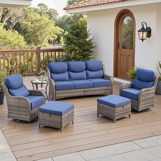 Belord Luxury 6" Thick Cushioned 6 Pieces Patio Furniture Set with Outdoor Couch, Wicker Outdoor Conversation Set with High Back Swivel Rocker Chairs for Deck Porch Yard and Poolside - Grey+Blue